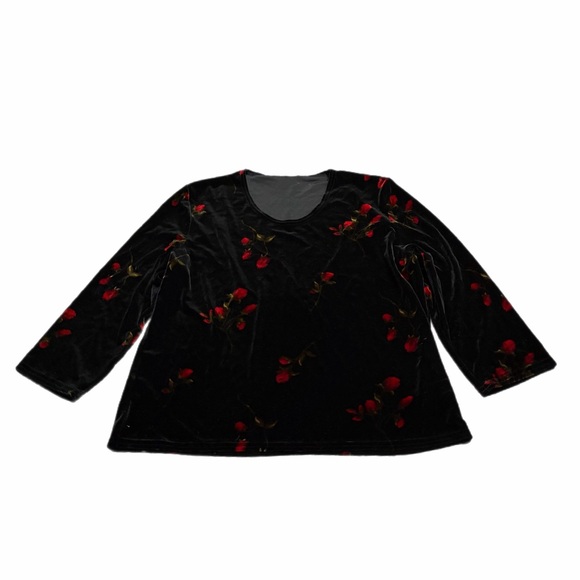 Kathie Lee Collection Tops - 90s Vintage Velvet Rose Floral Blouse (Black/Red) Size XL